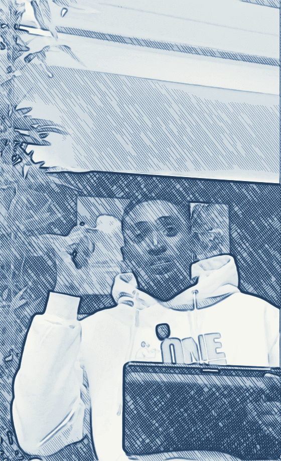 Still from one of Shegz's videos, holding a tablet while explaining a design