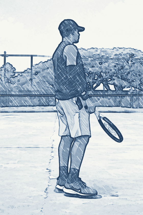 Shegz on a tennis court, holding a racket